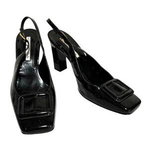Via Spiga black patent leather high heel slingback pumps buckle details US 7M